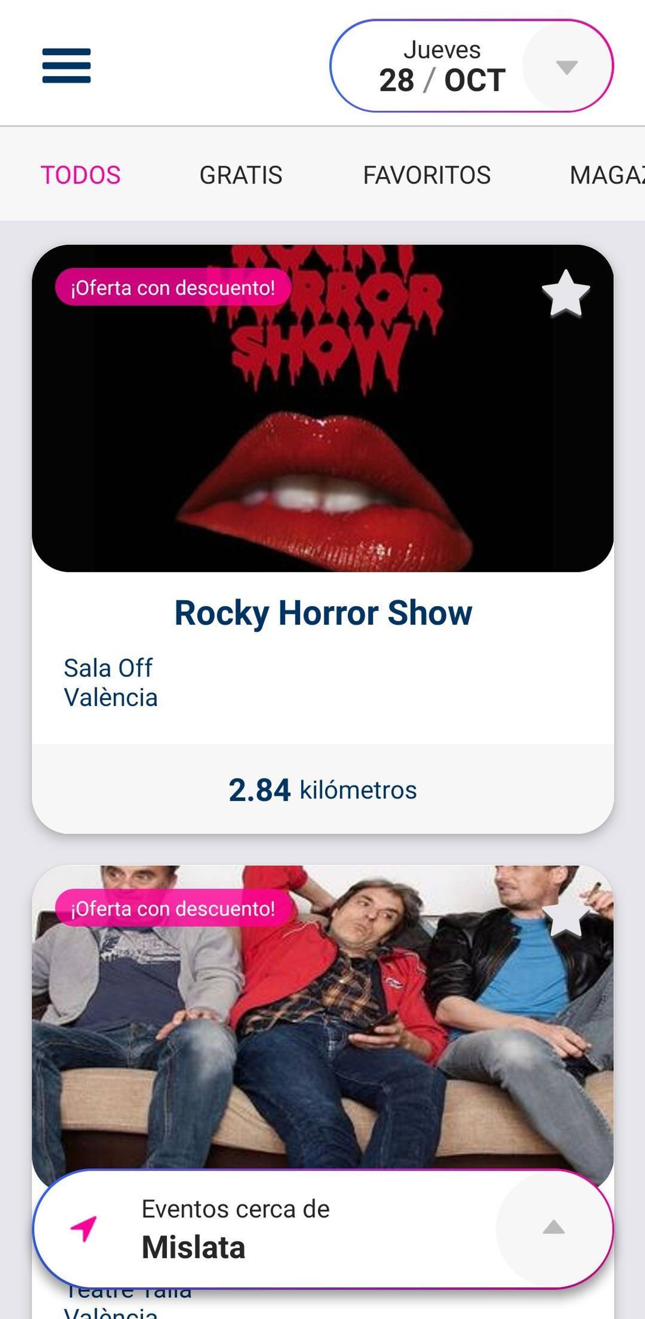 Pantalla de eventos en Hoy Valencia